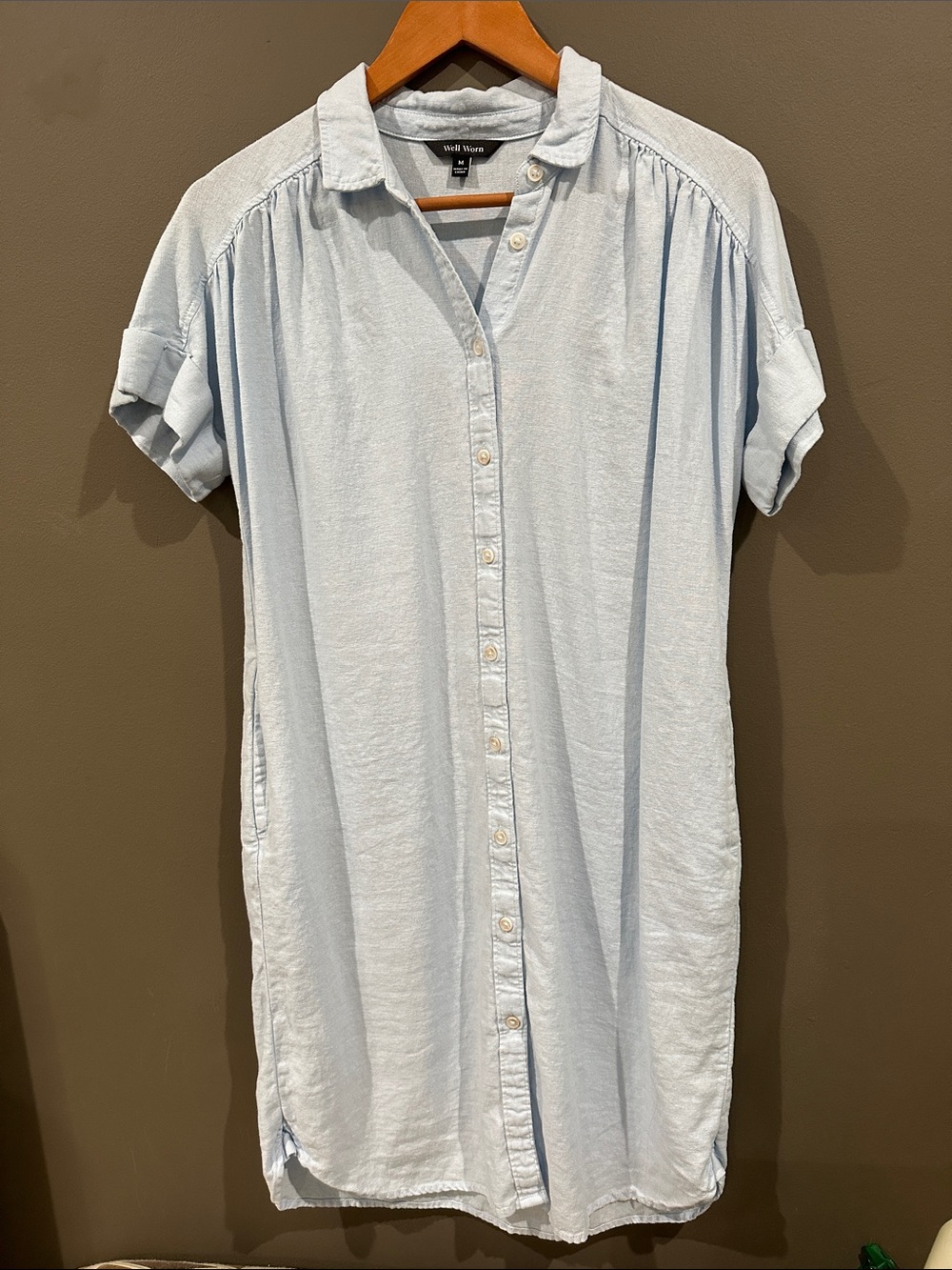 LINEN Blend light blue midi button down dress